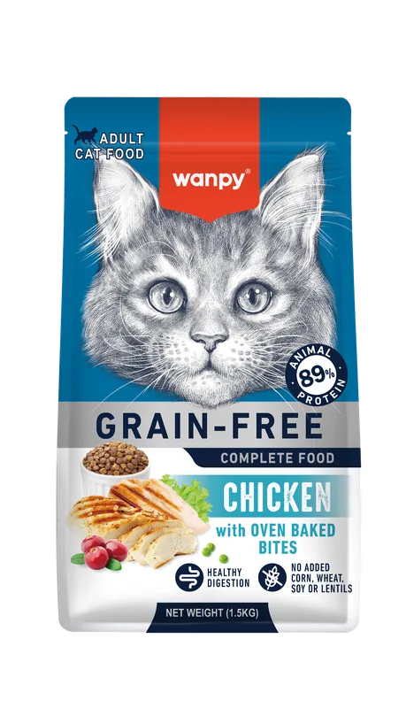 Wanpy Grain-Free ξηρά τροφή – Adult Cat Chicken 1.5kg (μπροστινή όψη συσκευασίας)