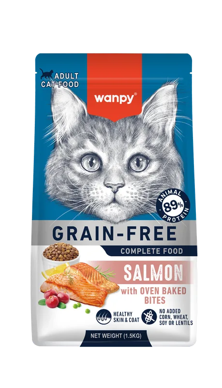 Wanpy Grain-Free ξηρά τροφή – Adult Cat Salmon 1.5kg (μπροστινή όψη συσκευασίας)