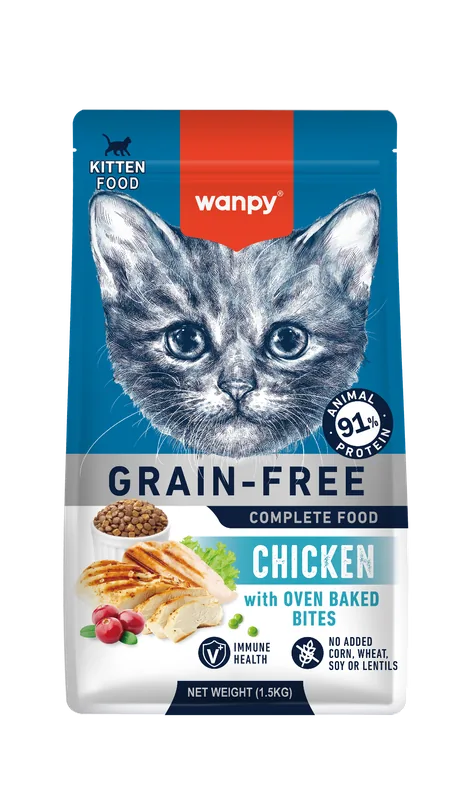 Wanpy Grain-Free ξηρά τροφή – Kitten Chicken 1.5kg (μπροστινή όψη συσκευασίας)
