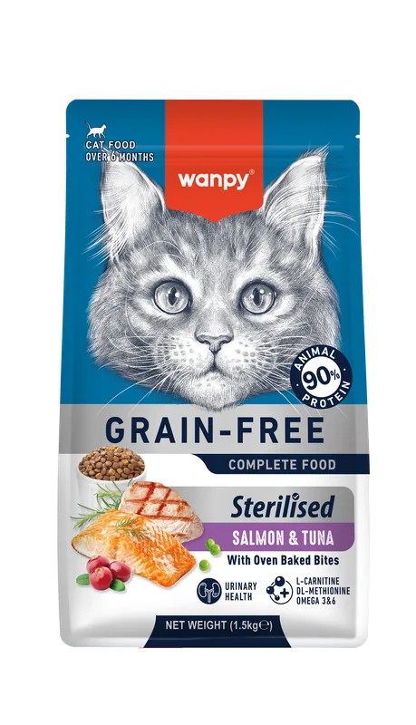 Wanpy Grain-Free ξηρά τροφή – Sterilised Salmon & Tuna 1.5kg (μπροστινή όψη συσκευασίας)