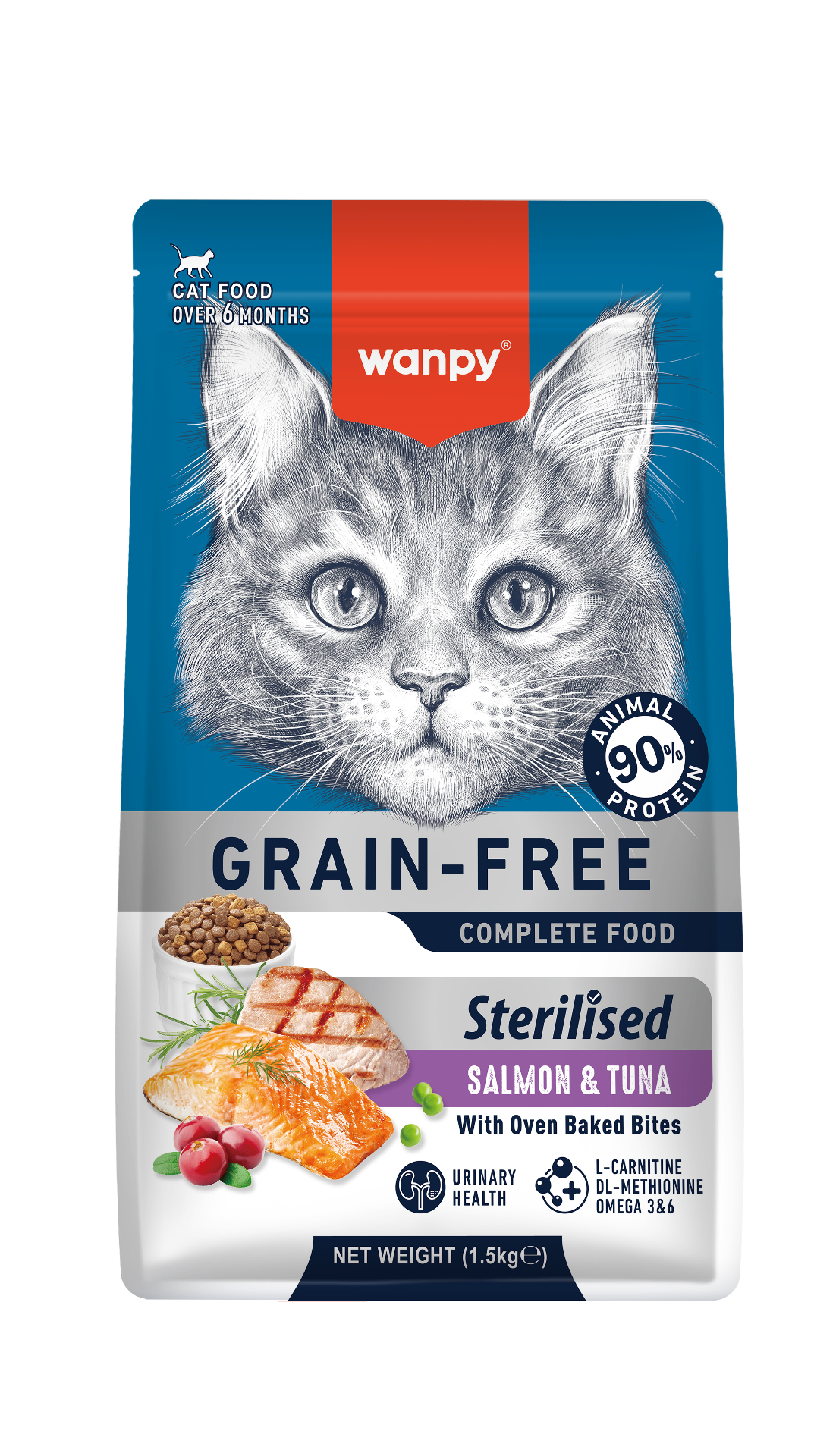 Wanpy Grain-Free ξηρά τροφή – Sterilised Salmon & Tuna 1.5kg (μπροστινή όψη συσκευασίας)