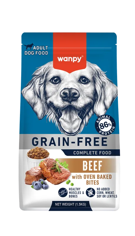 Wanpy Grain-Free ξηρά τροφή – Adult Beef 1.5kg (μπροστινή όψη συσκευασίας)