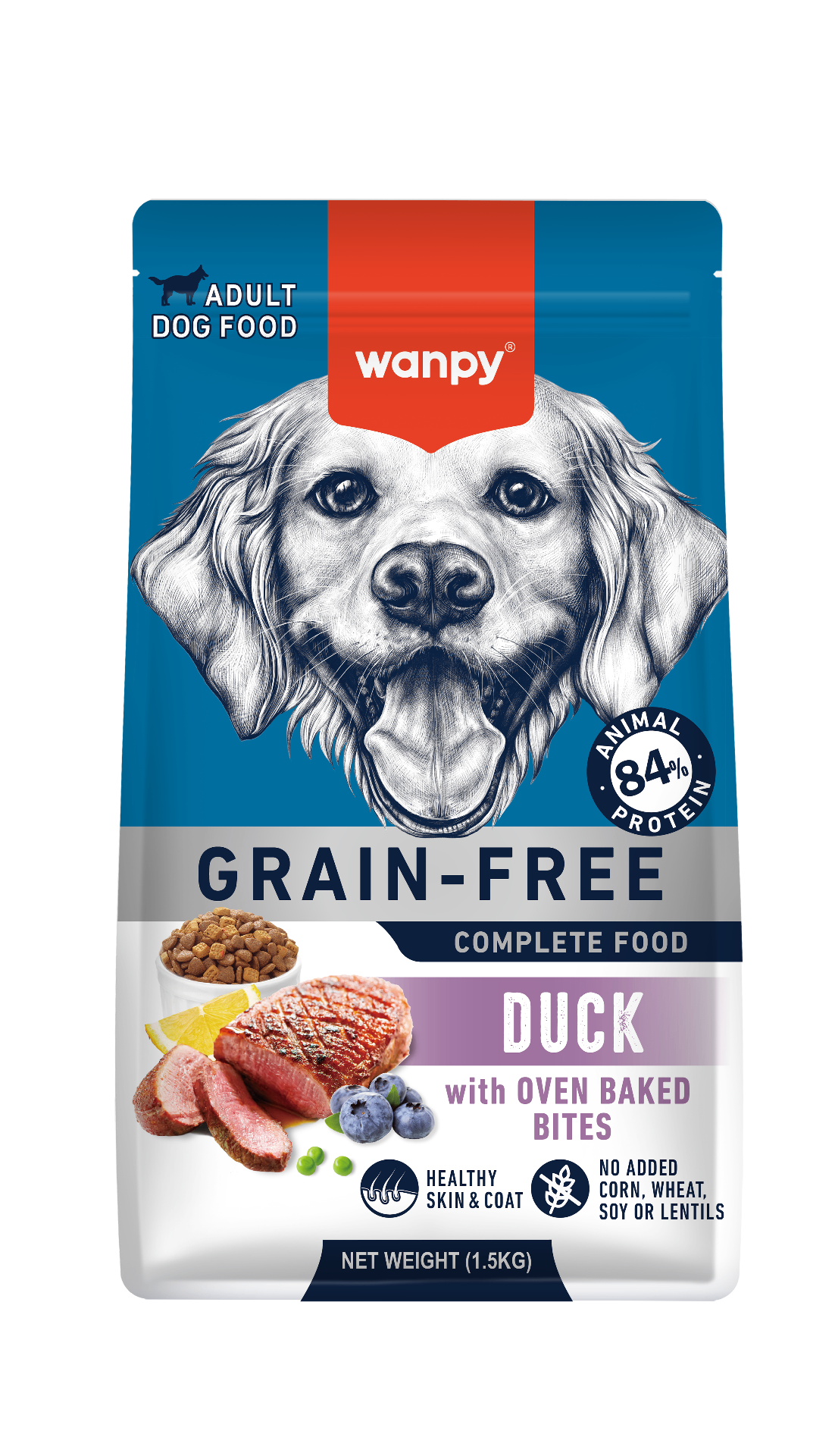 Wanpy Grain-Free ξηρά τροφή – Adult Duck 1.5kg (μπροστινή όψη συσκευασίας)