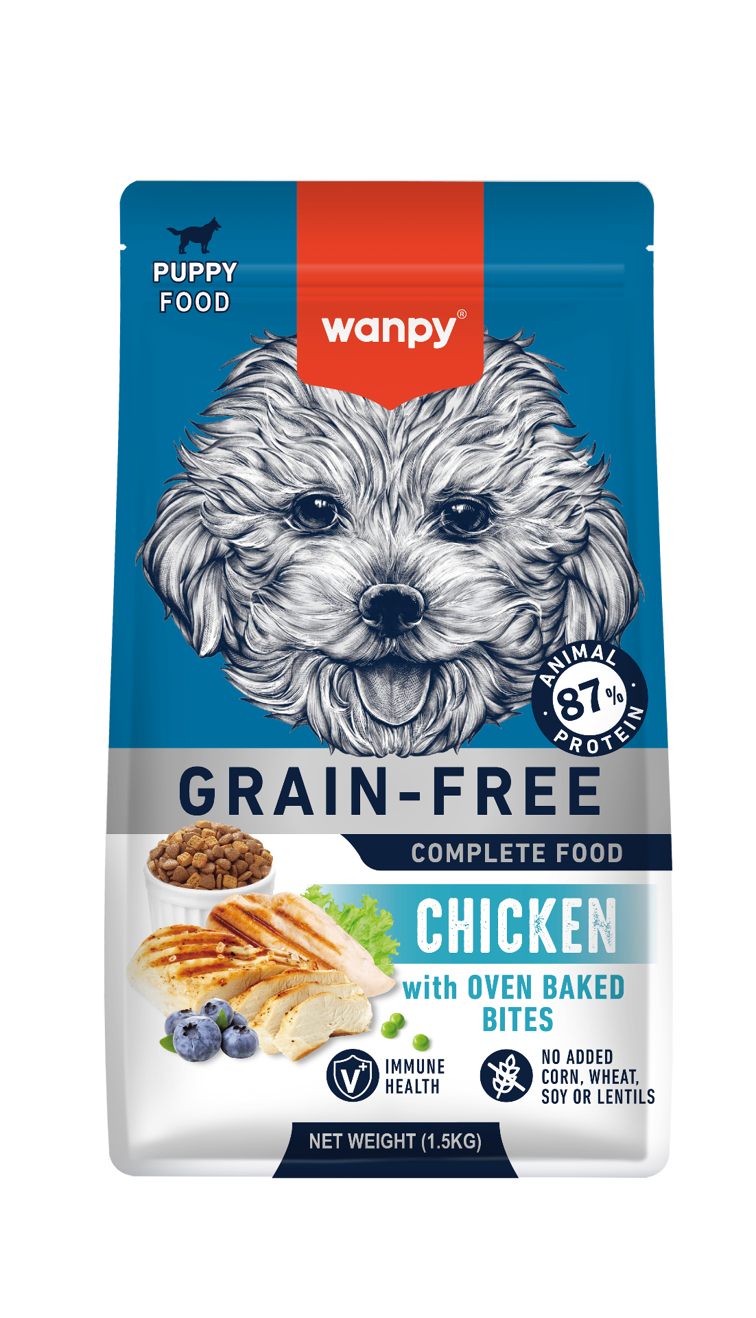 Wanpy Grain-Free ξηρά τροφή – Puppy Chicken 1.5kg (μπροστινή όψη συσκευασίας)